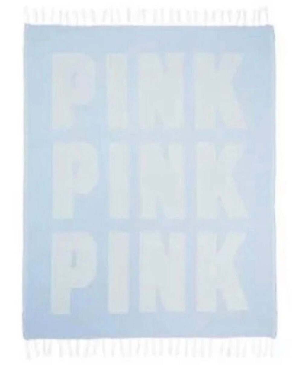 Victoria's Secret PINK Light Blue Woven Logo Throw Blanket with Fringe OS